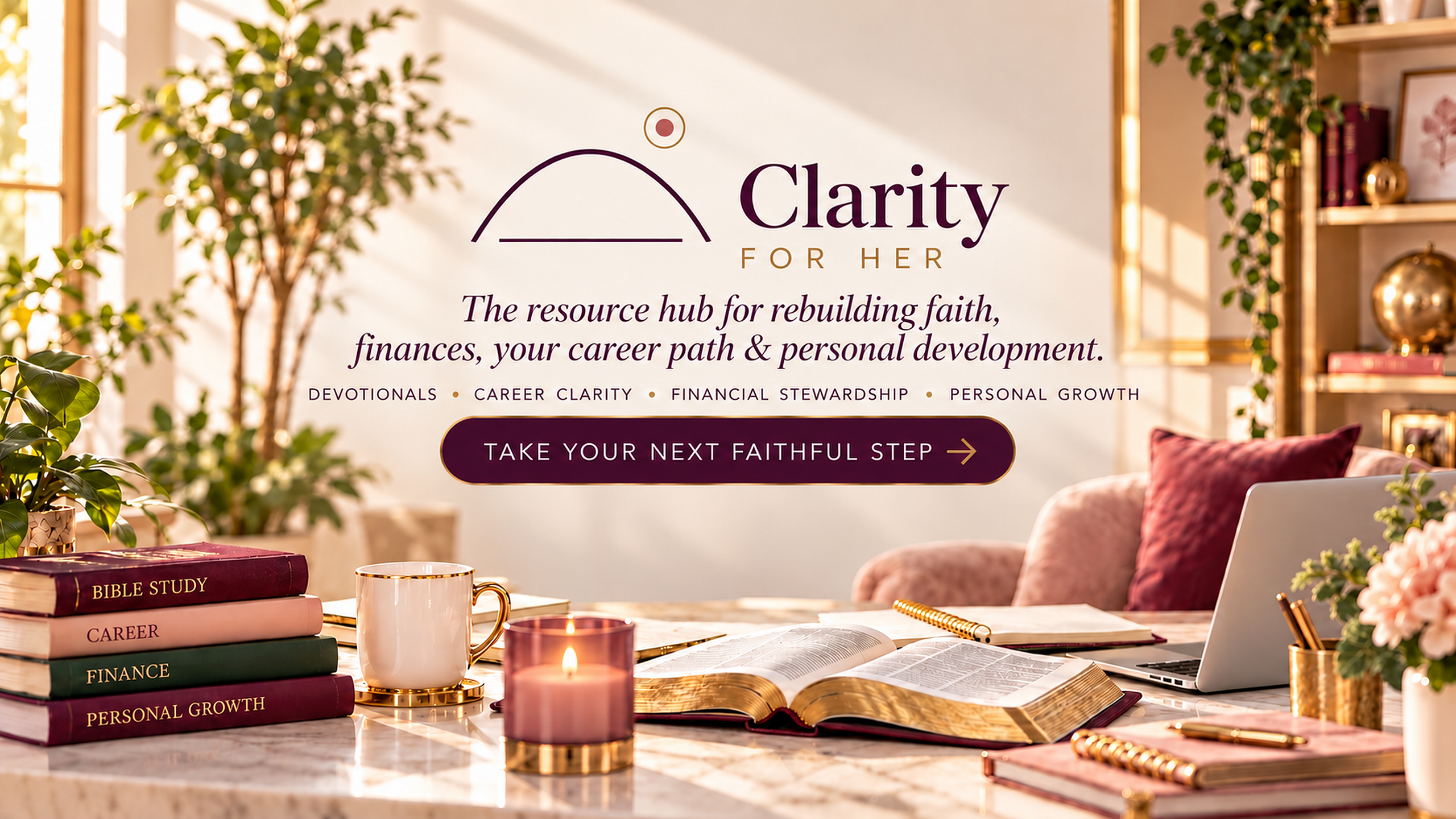 Clarity for Her resource hub for rebuilding faith, finances, career path, and personal development, displayed above an open Bible and planning workspace